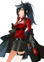 Rule 34 | 1girl, absurdres, alternate hairstyle, animal ear fluff, animal ears, arknights, belt, black hair, black jacket, brown eyes, chain, cigarette, commentary, dress shirt, gloves, green necktie, highres, holding, holding cigarette, holster, jacket, mou (piooooon), multiple belts, necktie, off shoulder, official alternate costume, open mouth, ponytail, red gloves, red shirt, shirt, shorts, smoking, solo, texas (arknights), texas (willpower) (arknights), thigh holster, white background, wolf ears, wolf girl