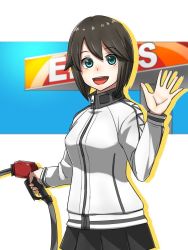Rule 34 | 1girl, black hair, black skirt, blue eyes, blush, breasts, gas pump nozzle, gas station, hayasui (kancolle), holding, jacket, kantai collection, long sleeves, looking at viewer, open mouth, pleated skirt, short hair, skirt, solo, track jacket, turtleneck, waving, white background, white jacket, yoohei (pizzadev), zipper