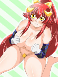 Rule 34 | 1girl, bare legs, bare shoulders, barefoot, blush, breasts, covering privates, covering breasts, detached sleeves, gloves, hair ribbon, highres, inabakun00, kneeling, kotori (inaba), large breasts, long hair, looking at viewer, maebari, orange eyes, original, ponytail, red hair, ribbon, smile, solo, striped, striped background