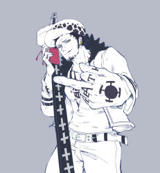 Rule 34 | 1boy, absurdres, animal print, belt, chest tattoo, closed mouth, cowboy shot, cross print, earrings, facial hair, feather boa, finger tattoo, foreshortening, hand tattoo, highres, holding, holding sword, holding weapon, jacket, jewelry, kira72322728434, long sleeves, looking at viewer, male focus, middle finger, monochrome, nose, one piece, open clothes, open jacket, partially unbuttoned, sanpaku, shirt, short hair, smile, smug, solo, spot color, standing, sword, tattoo, trafalgar law, very short hair, weapon, yellow eyes