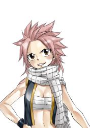 Rule 34 | 1girl, breasts, brown eyes, cleavage, fairy tail, genderswap, genderswap (mtf), grin, hand on own hip, looking at viewer, mashima hiro, medium breasts, natsu dragneel, navel, official art, pink hair, sarashi, scarf, shiny skin, simple background, smile, solo, spiked hair, tattoo, upper body, white background, white scarf, wrist cuffs