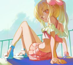 Rule 34 | 1girl, absurdres, arm support, arms behind back, bare legs, bare shoulders, blonde hair, blue sky, cross-laced sandals, frilled swimsuit, frills, from below, full body, hair ornament, highres, jdge, knees up, light blush, looking at viewer, looking back, looking down, midriff, natori sana, open mouth, pink eyes, pink nails, pleated skirt, ponytail, rabbit hair ornament, railing, sana channel, sitting, skirt, sky, solo, sweat, swimsuit, virtual youtuber, white footwear