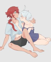 Rule 34 | 2girls, ahoge, aqua eyes, arm support, bare legs, barefoot, black shorts, blue camisole, blush, breasts, camisole, closed mouth, collarbone, dark-skinned female, dark skin, flat chest, grey background, gundam, gundam suisei no majo, hand on another&#039;s chest, hand on another&#039;s stomach, highres, jewelry, knee up, long hair, looking at another, lying, miorine rembran, multiple girls, navel, on side, ponytail, profile, r bishh, red hair, ring, short hair, shorts, sidelocks, simple background, sitting, small breasts, strap slip, suletta mercury, sweatdrop, thick eyebrows, toes, white hair, yuri