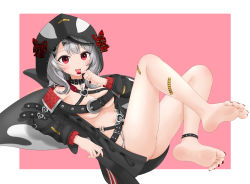 Rule 34 | 1girl, animal hood, anklet, barefoot, belt, border, bow, breasts, choker, commentary request, feet, foot up, full body, grey hair, hair ornament, hairclip, hand up, heart collar, highres, hololive, hood, hooded jacket, jacket, jewelry, knees up, leaning back, legs, licking, licking finger, long sleeves, looking at viewer, medium breasts, medium hair, nail polish, open clothes, open jacket, open mouth, orca hood, pink background, plaid, plaid bow, red eyes, red nails, sakamata chloe, sidelocks, simple background, soles, solo, studded belt, tamagotozi3420, thighs, toenail polish, toenails, toes, tongue, tongue out, virtual youtuber, white border, x hair ornament