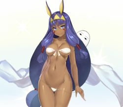 Rule 34 | 1girl, animal ears, armlet, arms at sides, bandeau, bikini, bikini pull, blue eyes, breasts, cleavage, closed mouth, clothes pull, collarbone, cowboy shot, dark-skinned female, dark skin, earrings, facial mark, fate/grand order, fate (series), front-tie bikini top, front-tie top, gluteal fold, gradient background, hair tubes, hairband, highres, hoop earrings, jewelry, large breasts, long hair, looking at viewer, low-tied long hair, medjed (fate), nakamura nagare, navel, nitocris (fate), purple hair, sidelocks, simple background, smile, solo, string bikini, swimsuit, thigh gap, very long hair, white bikini