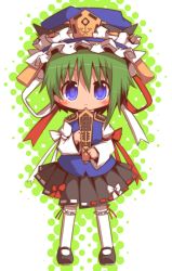 1girl :&lt; blue_eyes blush bow chibi female_focus green_hair hat mary_janes mori_no_kaeru pleated_skirt ribbon rod_of_remorse shiki_eiki shoes skirt solo touhou