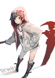 Rule 34 | 1girl, :t, black eyes, black hair, boots, breasts, cleavage, copyright name, cross-laced footwear, cutoffs, hand in pocket, hood, hooded jacket, hoodie, izumi sai, jacket, knee boots, lace-up boots, leaning forward, looking at viewer, mouth hold, open clothes, open hoodie, open jacket, pigeon-toed, polearm, ruby rose, rwby, scythe, short hair, short shorts, shorts, simple background, sleeves past wrists, small breasts, solo, weapon, white background