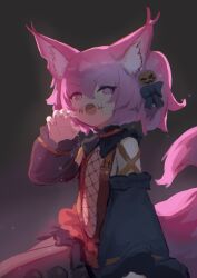Rule 34 | 1girl, absurdres, animal ear fluff, animal ears, arknights, black sleeves, chack520, claw pose, commentary request, detached sleeves, food-themed hair ornament, fox ears, fox girl, fox tail, hair ornament, hand up, highres, long sleeves, looking at viewer, open mouth, pink eyes, pink hair, pumpkin hair ornament, shamare (arknights), solo, tail, teeth, twintails, upper teeth only