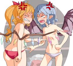 Rule 34 | 2girls, anger vein, angry, ass, back, bad id, bad twitter id, bat wings, blonde hair, blue hair, blush, breast envy, breasts, butt crack, clenched teeth, convenient censoring, cowboy shot, crystal, dimples of venus, eye contact, fangs, flandre scarlet, full-face blush, ganmen2525, hair ribbon, large breasts, looking at another, multiple girls, no bra, open mouth, panties, plump, pointy ears, poking belly, red eyes, red panties, remilia scarlet, ribbon, sharp teeth, short hair, siblings, side ponytail, sisters, skindentation, skinny, striped clothes, striped panties, teeth, thighs, topless, touhou, underwear, underwear only, weight conscious, wing censor, wings