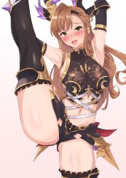 Rule 34 | 1girl, absurdres, armpits, arms behind head, arms up, black thighhighs, blush, breasts, brown hair, crop top, granblue fantasy, green eyes, head wings, highres, large breasts, leg lift, leg up, long hair, looking at viewer, midriff, navel, open mouth, pm tii (matuko1024), simple background, smile, split, standing, standing on one leg, standing split, thighhighs, tweyen (granblue fantasy), white background, wings