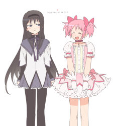 Rule 34 | 2girls, ^ ^, akemi homura, black hair, black hairband, black pantyhose, blush, bow, choker, closed eyes, couple, dress, frilled dress, frills, gloves, hair bow, hairband, heart, kaname madoka, long hair, looking at another, magical girl, mahou shoujo madoka magica, multiple girls, open mouth, pantyhose, pink choker, pink hair, puffy short sleeves, puffy sleeves, purple eyes, sakanaokashi, short dress, short sleeves, short twintails, simple background, standing, twintails, white background, white gloves