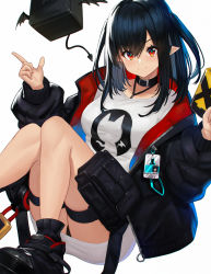Rule 34 | 1girl, arknights, artnohearts, belt, black choker, black jacket, choker, closure (arknights), collarbone, cube, floating, floating object, hair between eyes, id card, jacket, lanyard, lock, looking at viewer, padlock, pointy ears, pouch, shirt, simple background, t-shirt, thigh pouch, thigh strap, utility belt, white background