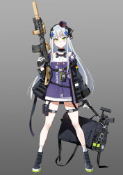 Rule 34 | 1girl, absurdres, assault rifle, bag, black jacket, boots, breasts, cross, dickbomber, dress, german flag, girls&#039; frontline, gloves, green eyes, grey background, gun, h&amp;k hk416, hair ornament, hair ribbon, hat, headgear, highres, hk416 (girls&#039; frontline), hk416 (mod3) (girls&#039; frontline), holding, holding bag, holding gun, holding weapon, iron cross, jacket, long hair, long sleeves, mod3 (girls&#039; frontline), name tag, open clothes, open jacket, parted lips, pouch, ribbon, rifle, sidelocks, silver hair, simple background, solo, standing, thigh strap, weapon