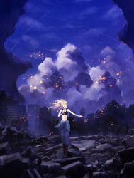 Rule 34 | 1girl, ariko, battle, blonde hair, boots, building, city, closed eyes, clothes around waist, cloud, explosion, jumpsuit, jumpsuit around waist, macross, macross frontier, microphone, midriff, ruins, sheryl nome, sky, solo, sports bra