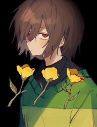 Rule 34 | 1other, arms at sides, black background, black shirt, blush, brown hair, chara (undertale), closed mouth, collared shirt, flower, from side, green sweater, highres, jitome, looking at viewer, other focus, red eyes, shirt, short hair, simple background, solo, sweater, takenaka (takenaka1111), three quarter view, two-tone sweater, undertale, upper body, yellow flower, yellow sweater