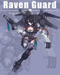 Rule 34 | 1girl, absurdres, adeptus astartes, black hair, blue eyes, breasts, character name, claw (weapon), cleavage, cleavage cutout, clothing cutout, covered mouth, finger on trigger, fishnet thighhighs, fishnets, full body, gas mask, genderswap, genderswap (mtf), grey thighhighs, gun, hair over one eye, handgun, headgear, highres, holding, holding gun, holding weapon, jetpack, mask, mecha musume, mechanical hands, medium breasts, pouch, raven guard, science fiction, solo, thigh pouch, thighhighs, warhammer 40k, weapon, zelun jia, zettai ryouiki