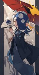 Rule 34 | 1girl, absurdres, alternate costume, blue border, blue hair, border, grey background, hair over one eye, hand fan, highres, japanese clothes, looking at viewer, nintendo, octoling, octoling player character, paper fan, parasol, parted lips, pointy ears, prat rat, red eyes, shiver (splatoon), smile, solo, splatoon (series), splatoon 3, tentacle hair, umbrella