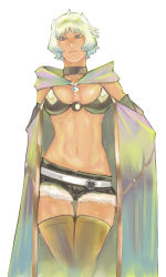 Rule 34 | 1girl, a ichiro, bad id, bad pixiv id, belt, bikini, bikini top only, black collar, black shorts, blue eyes, cape, collar, cowboy shot, green thighhighs, looking at viewer, meteora osterreich, navel, re:creators, short hair, short shorts, shorts, simple background, smile, solo, swimsuit, thighhighs, white background, white belt, white hair
