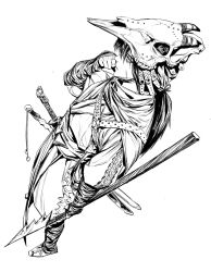 Rule 34 | 1boy, animal skull, arm at side, arm wrap, boots, cape, commentary, dutch angle, english commentary, facial scar, from above, from side, full body, greyscale, hat, heo sung-moo, highres, holding, holding polearm, holding weapon, long sleeves, looking away, low ponytail, male focus, monochrome, original, polearm, ponytail, robe, sash, scar, scar on cheek, scar on face, simple background, solo, spear, standing, sword, weapon, white background