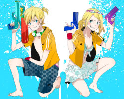 Rule 34 | 1boy, 1girl, 510, barefoot, bikini, bikini skirt, bikini top only, blonde hair, brother and sister, casual, dual wielding, eyewear on head, front-tie top, goggles, goggles around neck, grin, holding, hood, hoodie, kagamine len, kagamine rin, looking at viewer, short hair, shorts, siblings, skirt, smile, swimsuit, twins, twintails, vocaloid, water gun