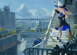 Rule 34 | 1girl, absurdres, arm up, ban (one ban7241), black dress, black footwear, black hat, blonde hair, blue bow, blue bowtie, blue eyes, blurry, blush, bow, bowtie, breasts, broom, building, closed mouth, clothesline, cloud, cloudy sky, collared dress, commentary, contrail, creature, day, dress, hat, highres, holding, holding broom, horizon, juliet sleeves, laundry, leaf, long hair, long sleeves, looking away, looking to the side, original, outdoors, parted bangs, puffy sleeves, railing, scenery, shade, shoes, sky, small breasts, solo, stairs, wide shot, witch hat