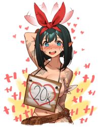 Rule 34 | 1girl, afterimage, arm behind back, arm behind head, arm up, bandaid, bandaid on face, bare shoulders, belt, black hair, blue eyes, blush, bob cut, bow, breasts, cleavage, collarbone, contrapposto, cowboy shot, cropped legs, dirty, double-parted bangs, elf, final fantasy, final fantasy xiv, flapping, hair bow, hairband, heart, heart-shaped pupils, highleg, highleg panties, highres, inverted bob, large breasts, looking at viewer, milestone celebration, navel, open mouth, panties, pointy ears, red bow, red ribbon, ribbon, salty, sideboob, sign, sign around neck, simple background, smile, solo, symbol-shaped pupils, tareme, topless, underwear, utility belt, vi, violet sears