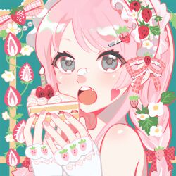 1girl bang_dream! bang_dream!_it&#039;s_mygo!!!!! blush braid cake chihaya_anon commentary facial_mark fang food fruit grey_eyes hair_ornament hairclip heart heart_facial_mark highres long_hair looking_at_viewer maid_headdress open_mouth pink_hair pink_nails solo strawberry symbol-only_commentary teeth upper_body upper_teeth_only yayako_(804907150)