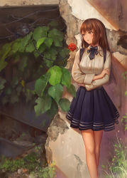 Rule 34 | 1girl, absurdres, bare legs, blue skirt, breasts, brown eyes, brown hair, collared shirt, commentary request, day, feet out of frame, flower, grass, high-waist skirt, highres, holding, holding flower, long hair, long sleeves, looking to the side, medium breasts, monster, original, outdoors, parted lips, plant, red flower, rose, shirt, sidelocks, skirt, solo, standing, thighs, white shirt, yahiro (heartseek000)