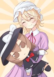 Rule 34 | 1girl, aqpaca, black capelet, black footwear, black hat, black skirt, blonde hair, blush, bow, bowtie, brown eyes, brown hair, capelet, closed eyes, closed mouth, collared dress, doll, dress, fedora, fumo (doll), hat, hat bow, highres, holding, holding doll, long dress, long sleeves, maribel hearn, mob cap, puffy sleeves, purple dress, ribbon-trimmed capelet, shirt, short hair, skirt, smile, solo, touhou, usami renko, wavy hair, white bow, white hat, white shirt, yellow background