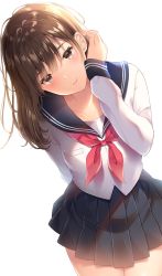 1girl arm_up black_skirt blue_sailor_collar blush brown_eyes brown_hair collarbone commentary_request hair_between_eyes hand_up head_tilt highres leaning_forward long_hair long_sleeves looking_at_viewer neckerchief noda_shuha original pleated_skirt red_neckerchief sailor_collar school_uniform serafuku shirt simple_background skirt sleeves_past_wrists solo white_background white_shirt