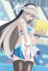 Rule 34 | 1girl, bare shoulders, black thighhighs, blue archive, blush, breasts, cheerleader, cleavage, commentary request, crop top, embarrassed, grey hair, hair between eyes, hair ornament, halo, highres, holding, holding pom poms, long hair, medium breasts, millennium cheerleader outfit (blue archive), miniskirt, open mouth, pom pom (cheerleading), pom poms, purple eyes, sakurako (blue archive), skirt, sleeveless, solo, sticker on arm, tagme, thighhighs, veil, yukimikosera
