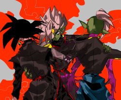 3boys absurdres black_bodysuit black_pants blue_sash bodysuit colored_skin dougi dragon_ball dragon_ball_heroes dragon_ball_super earrings from_behind fused_zamasu goku_black green_skin highres jewelry long_sleeves looking_at_viewer mohawk multiple_boys nantekotti official_alternate_costume one_eye_covered pants pointy_ears potara_earrings purple_shirt red_sash saiyan sash shirt short_hair smile spiked_hair torn_clothes white_hair zamasu