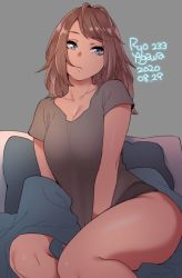 Rule 34 | 1girl, agawa ryou, artist name, blue eyes, breasts, brown hair, commentary, dark-skinned female, dark skin, dated, grey background, large breasts, long hair, original, shirt, signature, simple background, sitting, solo, t-shirt, thick thighs, thighs, v arms