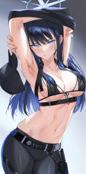 Rule 34 | 1girl, absurdres, armpits, bikini, black background, black bikini, black pants, black shirt, blue archive, blue background, blue eyes, blue halo, breasts, clothes lift, collarbone, gradient background, halo, hat, highres, holding, holding clothes, holding hat, lifted by self, long hair, looking at viewer, medium breasts, mhk (mechamania), navel, pants, parted lips, saori (blue archive), shirt, shirt lift, solo, stomach, swimsuit, undressing