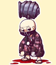 Rule 34 | 1boy, bald, bandaged hand, bandages, blood, collared shirt, commentary request, covered mouth, employee (project moon), floral print, glaring, hatake shimeji, holding, holding weapon, jinbei (clothes), lobotomy corporation, long sleeves, male focus, necktie, outline, pool of blood, project moon, sandals, shirt, simple background, solo, squatting, weapon, white necktie, white outline, white shirt, yellow background