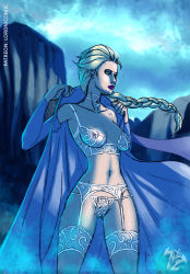 Rule 34 | blonde hair, blouse, blue eyes, blue theme, breast slip, breasts, unworn clothes, elsa (frozen), frozen (disney), garter belt, hair slicked back, hands up, jewelry, lingerie, lipstick, makeup, narrow waist, necklace, nipples, pubic stubble, pussy, see-through, self-upload, shirt, solo, spandex, standing, thighhighs, uncensored, underwear, white garter belt, white shirt, white thighhighs