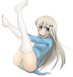 Rule 34 | 1girl, bad anatomy, bad feet, blue eyes, china dress, chinese clothes, dress, feet, legs up, little busters!, long hair, masayu, noumi kudryavka, panties, poorly drawn, silver hair, solo, striped clothes, striped panties, thighhighs, underwear