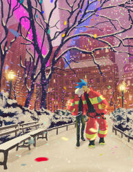 Rule 34 | 2boys, arm around shoulder, bare tree, bench, black pants, blue hair, building, city, confetti, couple, earrings, eye contact, face-to-face, firefighter, firefighter jacket, full body, galo thymos, green hair, hand in pocket, harness, highres, jacket, jewelry, lamppost, lio fotia, looking at another, louscribbles, male focus, mohawk, multiple boys, night, orange pants, outdoors, pants, park, promare, short hair, short hair with long locks, side-by-side, sidelocks, single earring, smile, snow, snowflakes, snowing, spiked hair, tree, walking, winter, yaoi