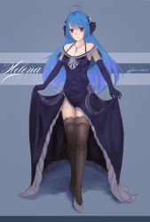 Rule 34 | 1girl, ahoge, alternate costume, artist name, azur lane, bare shoulders, barefoot, black thighhighs, blue background, blue dress, blue footwear, blue gloves, blue hair, blush, breasts, character name, cleavage, closed mouth, clothes lift, dated, dress, dress lift, elbow gloves, full body, gloves, gown, halterneck, helena (azur lane), high heels, highres, jewelry, long dress, long hair, looking at viewer, medium breasts, necklace, purple eyes, seyo u, side slit, smile, solo, sparkle, standing, swept bangs, thighhighs, zettai ryouiki