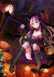 Rule 34 | 1girl, :q, basket, bat (animal), black footwear, blue eyes, boots, braid, breasts, candy, cape, cleavage, cross-laced footwear, demon girl, demon horns, dress, food, frilled skirt, frills, gloves, halloween, hat, hat ribbon, highres, horns, jack-o&#039;-lantern, jewelry, knee boots, konkito, lace-up boots, lamp, layered dress, lollipop, looking at viewer, medium breasts, necklace, night, original, outdoors, pink hair, pointy ears, ribbon, short hair, side braid, single braid, single thighhigh, sitting, sitting on object, skirt, solo, striped clothes, striped thighhighs, thighhighs, tongue, tongue out, twintails, underbust, witch hat