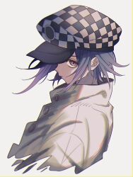 Rule 34 | 1boy, alternate costume, black headwear, checkered clothes, checkered headwear, closed mouth, cropped torso, danganronpa (series), danganronpa v3: killing harmony, flipped hair, from side, grey jacket, highres, jacket, looking at viewer, male focus, medium hair, oma kokichi, pink eyes, simple background, solo, urami0310, white background