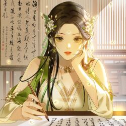 Rule 34 | 1girl, arm cutout, artist request, baiguio (zhu xian), brown hair, facial mark, falling petals, forehead mark, hand on own face, holding, holding pencil, jewelry, light particles, long hair, looking at viewer, necklace, paper, parted lips, pencil, petals, second-party source, solo, table, teeth, upper body, zhu xian