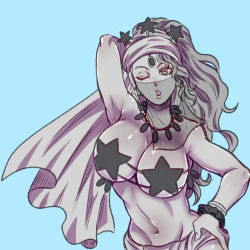 Rule 34 | 1girl, arm up, breasts, earrings, giga omega, headdress, jewelry, jojo no kimyou na bouken, large breasts, long hair, midler, midriff, monochrome, mouth veil, necklace, one eye closed, pasties, ponytail, revealing clothes, solo, star pasties, stardust crusaders, veil