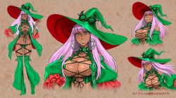 Rule 34 | 1girl, bandai, bare shoulders, blunt bangs, breasts, brown background, cleavage, criss-cross halter, culdcept, culdcept (series), culdcept revolt, curvy, dark skin, earrings, female focus, frills, gradient background, green headwear, green jacket, green shorts, halterneck, hand on own hip, hat, headwear request, high heels, hypna, jacket, jewelry, large breasts, lipstick, long hair, looking at viewer, lowleg, makeup, md5 mismatch, midriff, multiple views, nail polish, navel, nishimura kinu, official art, open clothes, open jacket, open mouth, purple hair, revealing clothes, short shorts, shorts, standing, witch, witch hat, yellow eyes