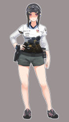 Rule 34 | 1girl, baseball cap, black footwear, black hat, brown hair, closed mouth, commentary request, contrapposto, eyewear on headwear, full body, genso, green shorts, grey background, gun, handgun, hat, holster, long sleeves, looking at viewer, original, pistol, red eyes, shirt, short shorts, shorts, simple background, solo, standing, sunglasses, weapon