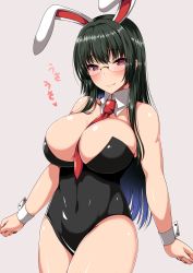 Rule 34 | 1girl, absurdres, alternate costume, animal ears, ar (lover boy), arms at sides, bare arms, bare shoulders, between breasts, black hair, black leotard, blunt bangs, blush, breasts, choukai (kancolle), cleavage, closed mouth, commentary request, covered navel, cowboy shot, detached collar, eyelashes, fake animal ears, glasses, grey background, half-closed eyes, highleg, highleg leotard, highres, kantai collection, large breasts, legs together, leotard, long hair, looking at viewer, necktie, necktie between breasts, playboy bunny, rabbit ears, rabbit tail, red eyes, red necktie, rimless eyewear, simple background, smile, solo, standing, strapless, strapless leotard, tail, translation request, wrist cuffs