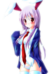 Rule 34 | 1girl, animal ears, blazer, blush, breasts, female focus, jacket, meiya neon, necktie, no pants, off shoulder, panties, purple hair, rabbit ears, red eyes, red necktie, reisen udongein inaba, simple background, sleeves past wrists, solo, striped clothes, striped panties, thighhighs, touhou, underwear, white background