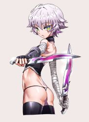 Rule 34 | 1girl, ass, bandaged arm, bandages, bare shoulders, black choker, black gloves, black panties, black thighhighs, black vest, choker, commentary request, cowboy shot, cropped legs, dual wielding, fate/apocrypha, fate (series), fingerless gloves, from side, gloves, green eyes, grey background, hair between eyes, highres, holding, jack the ripper (fate/apocrypha), looking at viewer, looking to the side, panties, parted lips, purple hair, reverse grip, scar, scar across eye, scar on face, short hair, simple background, solo, standing, tenobe, thighhighs, thong, underwear, vest