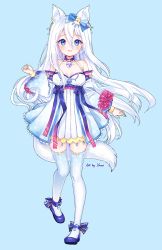 Rule 34 | 1girl, :d, animal ear fluff, animal ears, bad id, bad pixiv id, bare shoulders, bell, blue background, blue bow, blue footwear, blue sleeves, blue thighhighs, blush, bow, breasts, commentary request, detached sleeves, dress, flower, full body, gradient clothes, gradient legwear, gradient sleeves, hair bell, hair between eyes, hair bow, hair ornament, hand up, highres, jingle bell, long hair, long sleeves, looking at viewer, medium breasts, multicolored clothes, multicolored legwear, nami (nyaa), open mouth, original, print thighhighs, puffy long sleeves, puffy sleeves, red flower, red rose, rose, shoes, signature, simple background, sleeveless, sleeveless dress, smile, snowflake print, solo, standing, standing on one leg, tail, thighhighs, very long hair, white dress, white hair, white sleeves, white thighhighs