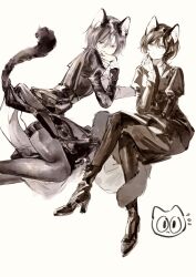 Rule 34 | 2girls, animal ears, boots, cat ears, cat girl, cat tail, closed mouth, crossed legs, dress, dual persona, expressionless, grey background, greyscale, hair between eyes, high heel boots, high heels, long sleeves, looking at viewer, moaomao mo, monochrome, multiple girls, necktie, original, short hair, simple background, sketch, tail, thighhighs